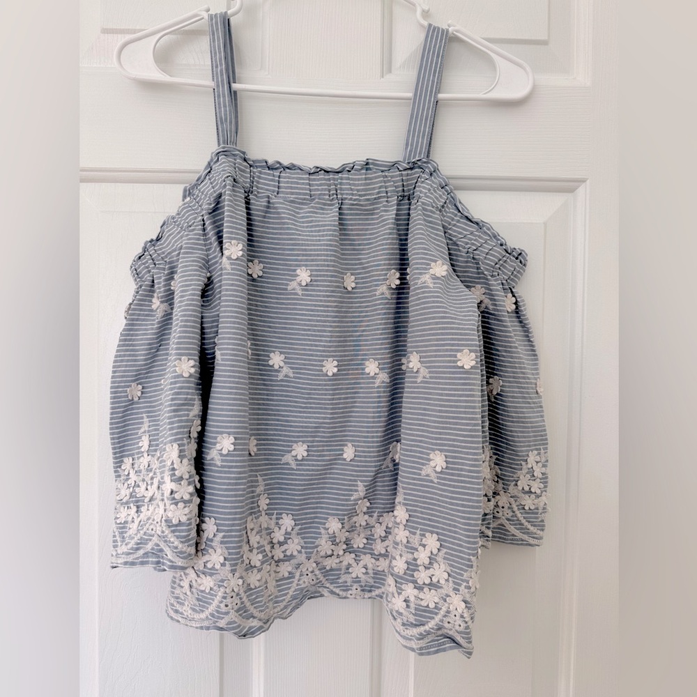 Darling Striped Off-Shoulder Top with Floral Embroidered Detail - XS